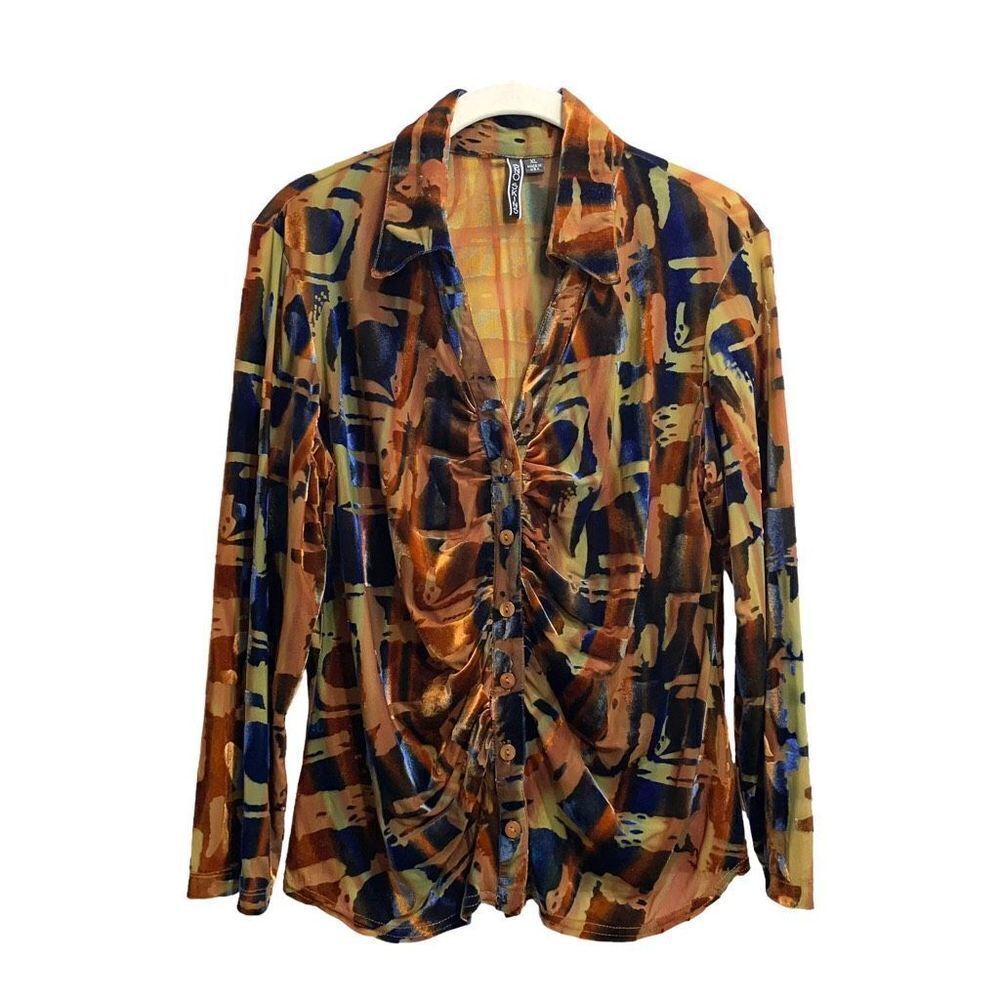 Sno Skins burnt velvet button up ruched shirt blouse Size‎ XL